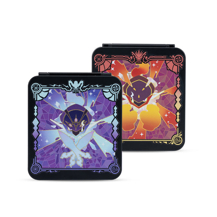 Scarlet and Violet Game Card Case: black, purple stylized dragon-like characters, cartoon, fantasy, stained-glass-inspired st