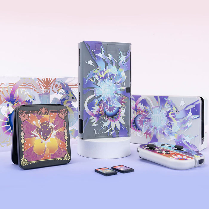 Scarlet and Violet Game Card Case: black, purple stylized dragon-like characters, cartoon, fantasy, stained-glass-inspired st