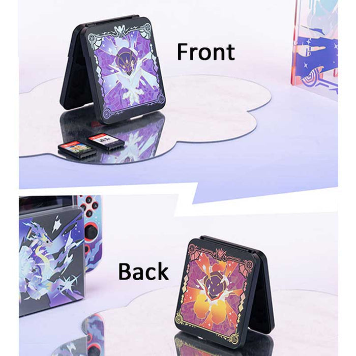 Scarlet and Violet Game Card Case: black, purple stylized dragon-like characters, cartoon, fantasy, stained-glass-inspired st