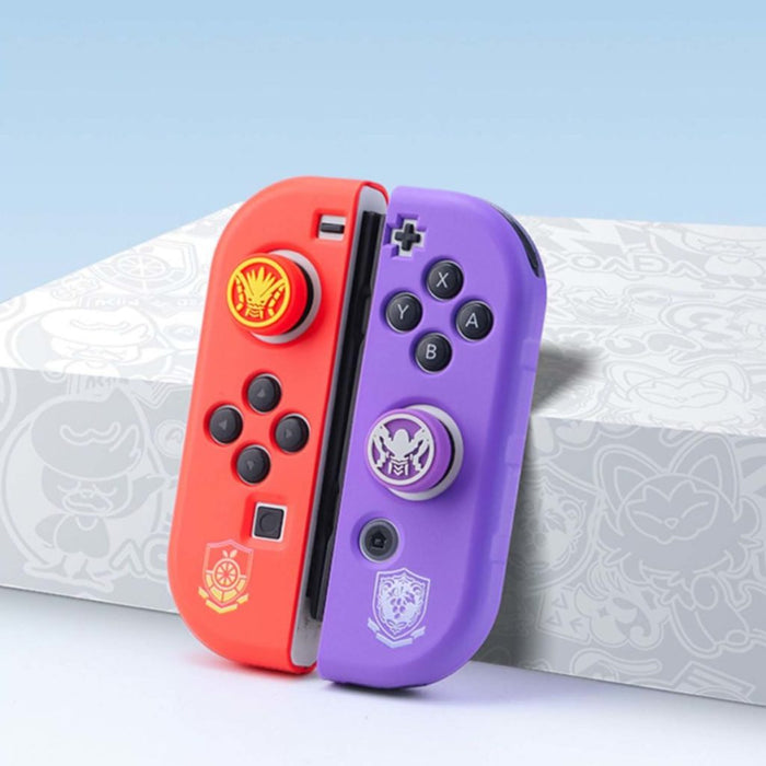 Scarlet and Violet Joystick Caps for Nintendo Switch: red-orange, purple gaming-themed emblem designs, cartoon gaming accesso