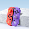 Scarlet and Violet Joystick Caps for Nintendo Switch: red-orange, purple gaming-themed emblem designs, cartoon gaming accesso