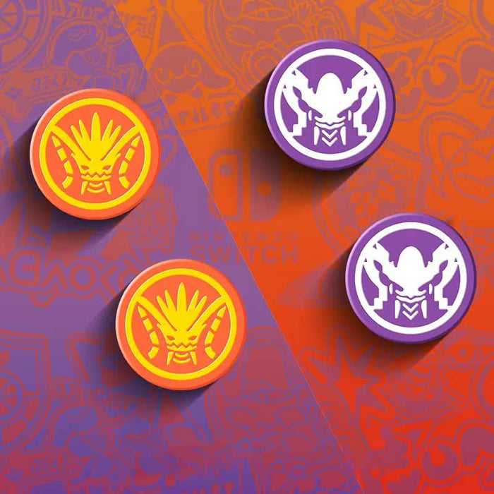 Scarlet and Violet Joystick Caps for Nintendo Switch: red-orange, purple gaming-themed emblem designs, cartoon gaming accesso