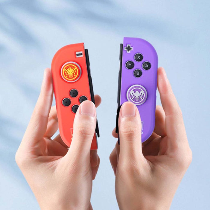Scarlet and Violet Joystick Caps for Nintendo Switch: red-orange, purple gaming-themed emblem designs, cartoon gaming accesso