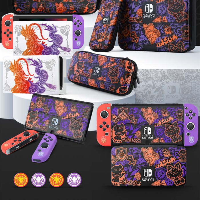 Scarlet and Violet Joystick Caps for Nintendo Switch: red-orange, purple gaming-themed emblem designs, cartoon gaming accesso