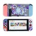 Scarlet and Violet Switch OLED Case: gray, purple fantasy creature characters, colorful cartoon fantasy gaming style