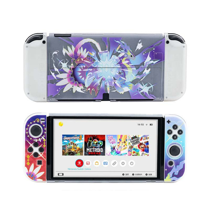 Scarlet and Violet Switch OLED Case: gray, purple fantasy creature characters, colorful cartoon fantasy gaming style