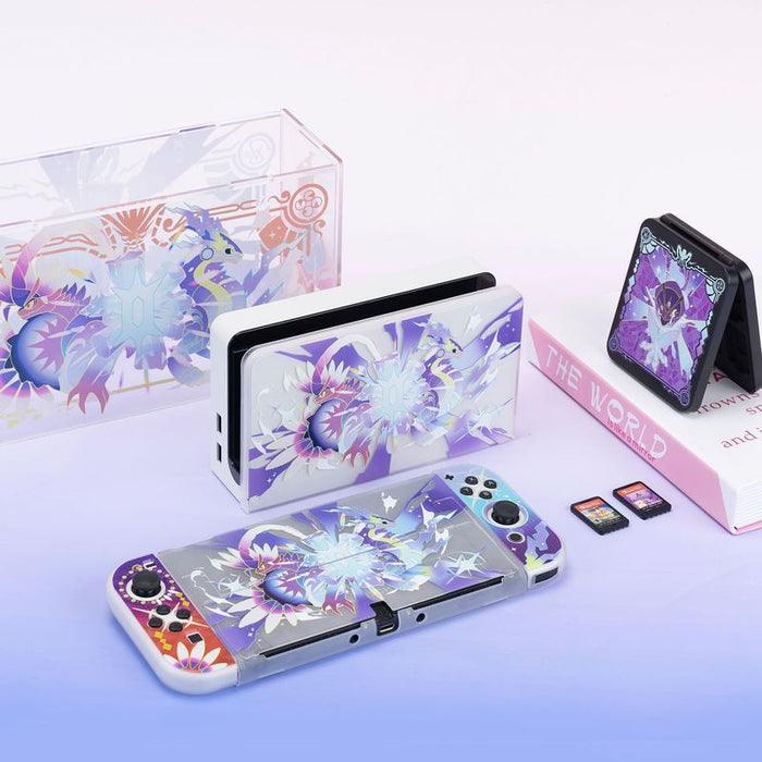 Scarlet and Violet Switch OLED Case: gray, purple fantasy creature characters, colorful cartoon fantasy gaming style