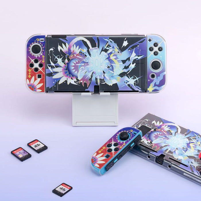 Scarlet and Violet Switch OLED Case: gray, purple fantasy creature characters, colorful cartoon fantasy gaming style