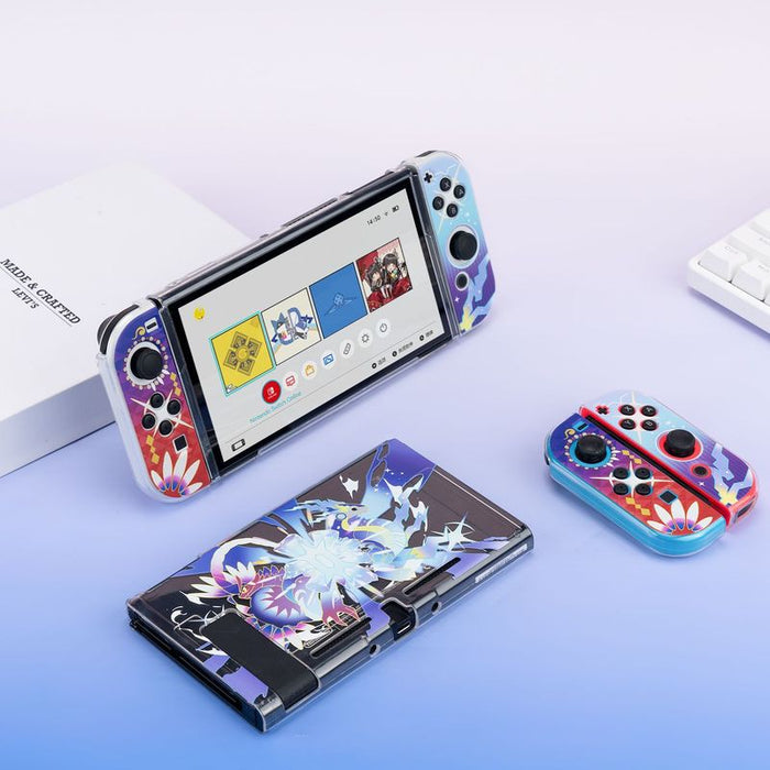 Scarlet and Violet Switch OLED Case: gray, purple fantasy creature characters, colorful cartoon fantasy gaming style