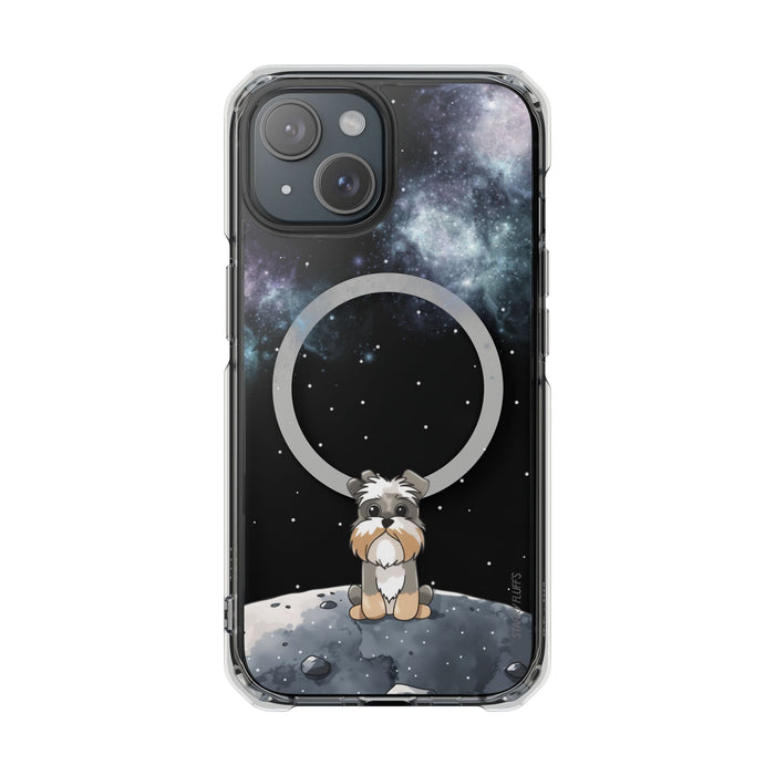 Schnazzy Celestial Magnetic Clear Case for iPhone Series: black, dark blue small dog character in a space/moon theme, cartoon
