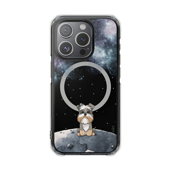 Schnazzy Celestial Magnetic Clear Case for iPhone Series: black, dark blue small dog character in a space/moon theme, cartoon