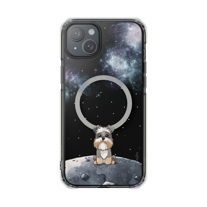 Schnazzy Celestial Magnetic Clear Case for iPhone Series: black, dark blue small dog character in a space/moon theme, cartoon