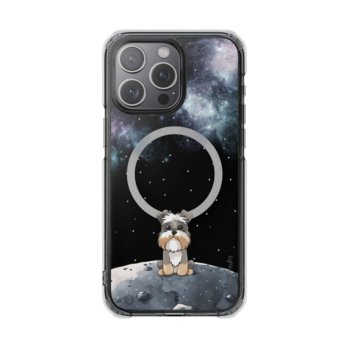 Schnazzy Celestial Magnetic Clear Case for iPhone Series: black, dark blue small dog character in a space/moon theme, cartoon
