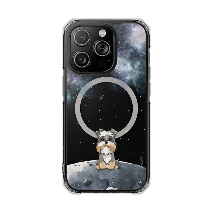 Schnazzy Celestial Magnetic Clear Case for iPhone Series: black, dark blue small dog character in a space/moon theme, cartoon