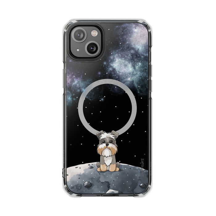 Schnazzy Celestial Magnetic Clear Case for iPhone Series: black, dark blue small dog character in a space/moon theme, cartoon