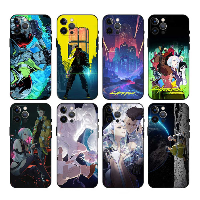 Sci-Fi Edgerunners Phone Case: black, blue cyberpunk-themed illustrated characters and futuristic city scenes, anime, cyberpu