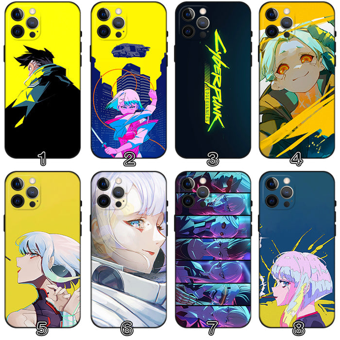 Sci-Fi Edgerunners Phone Case: black, blue cyberpunk-themed illustrated characters and futuristic city scenes, anime, cyberpu