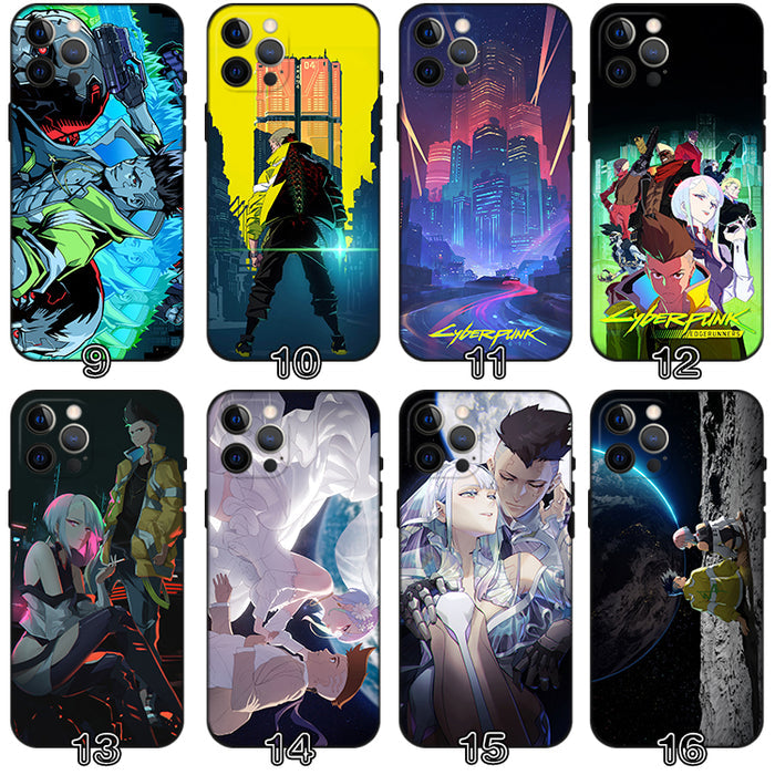 Sci-Fi Edgerunners Phone Case: black, blue cyberpunk-themed illustrated characters and futuristic city scenes, anime, cyberpu