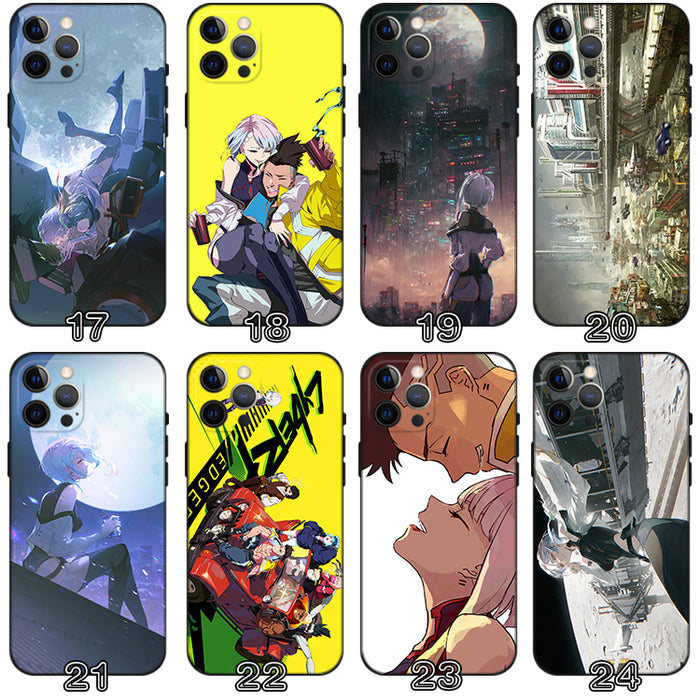 Sci-Fi Edgerunners Phone Case: black, blue cyberpunk-themed illustrated characters and futuristic city scenes, anime, cyberpu