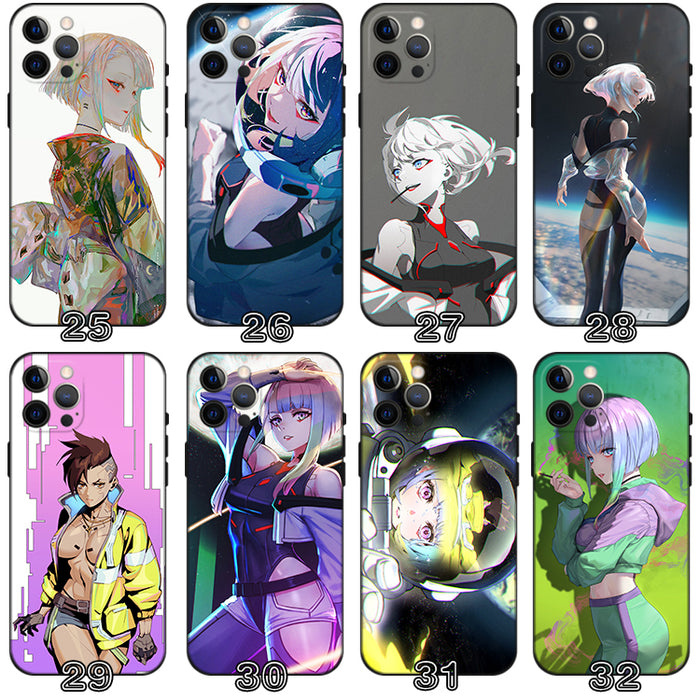 Sci-Fi Edgerunners Phone Case: black, blue cyberpunk-themed illustrated characters and futuristic city scenes, anime, cyberpu