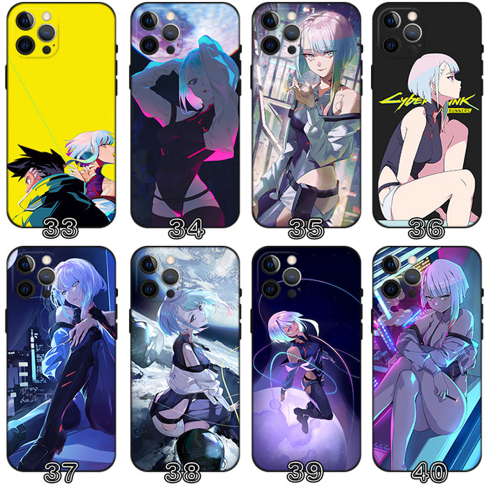 Sci-Fi Edgerunners Phone Case: black, blue cyberpunk-themed illustrated characters and futuristic city scenes, anime, cyberpu