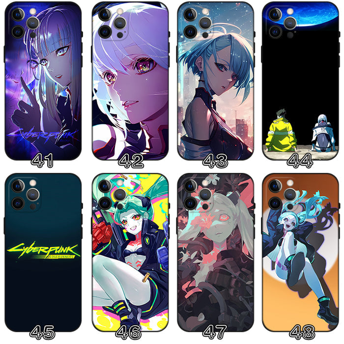 Sci-Fi Edgerunners Phone Case: black, blue cyberpunk-themed illustrated characters and futuristic city scenes, anime, cyberpu