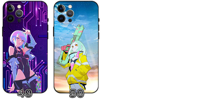 Sci-Fi Edgerunners Phone Case: black, blue cyberpunk-themed illustrated characters and futuristic city scenes, anime, cyberpu