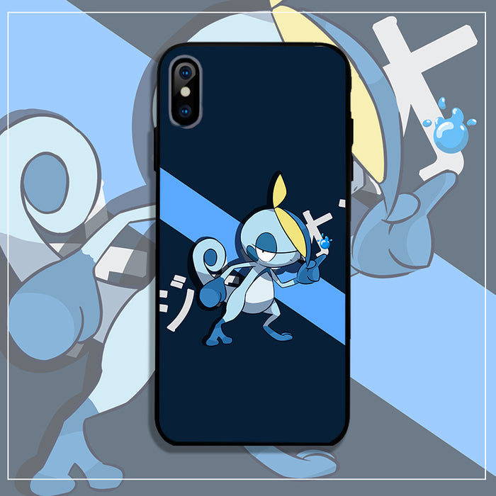 Scorbunny, Sobble, and Grookey Phone Case: dark navy blue, light blue cartoon blue ninja-like character with a yellow head cr