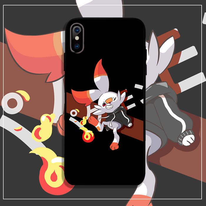 Scorbunny, Sobble, and Grookey Phone Case: dark navy blue, light blue cartoon blue ninja-like character with a yellow head cr