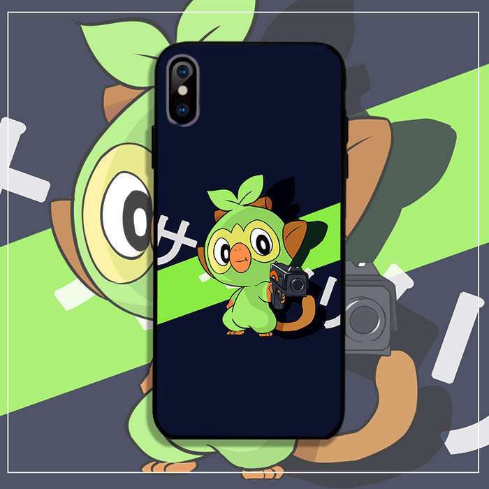Scorbunny, Sobble, and Grookey Phone Case: dark navy blue, light blue cartoon blue ninja-like character with a yellow head cr