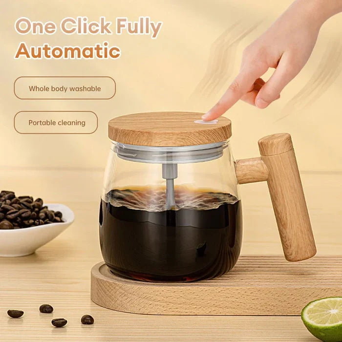 Self-Mixing Glass Coffee Mug, 400ml: clear, light wood brown automatic coffee stirring/mixing cup, minimal modern style