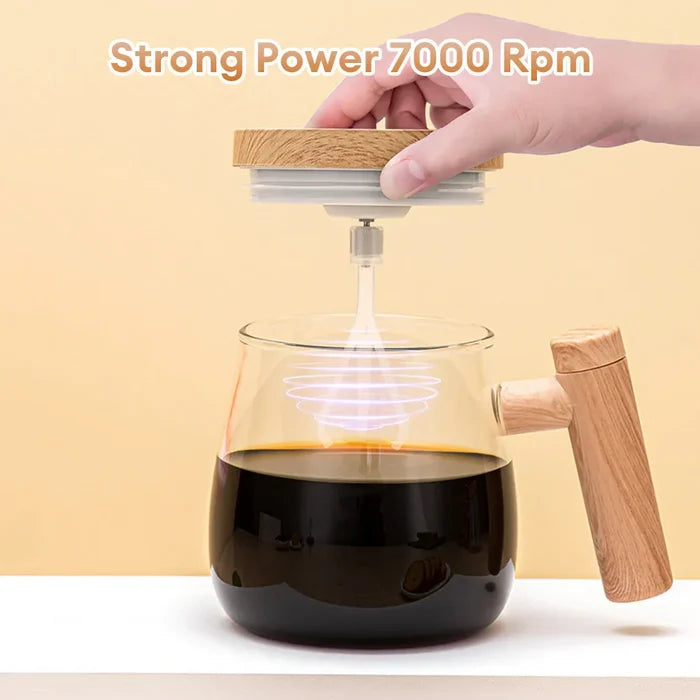 Self-Mixing Glass Coffee Mug, 400ml: clear, light wood brown automatic coffee stirring/mixing cup, minimal modern style