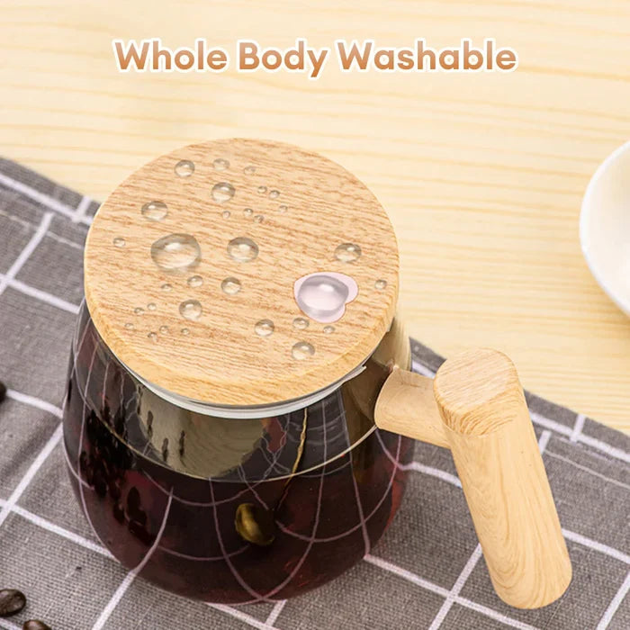 Self-Mixing Glass Coffee Mug, 400ml: clear, light wood brown automatic coffee stirring/mixing cup, minimal modern style