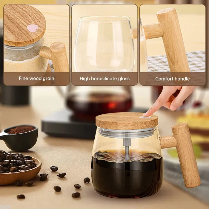 Self-Mixing Glass Coffee Mug, 400ml: clear, light wood brown automatic coffee stirring/mixing cup, minimal modern style