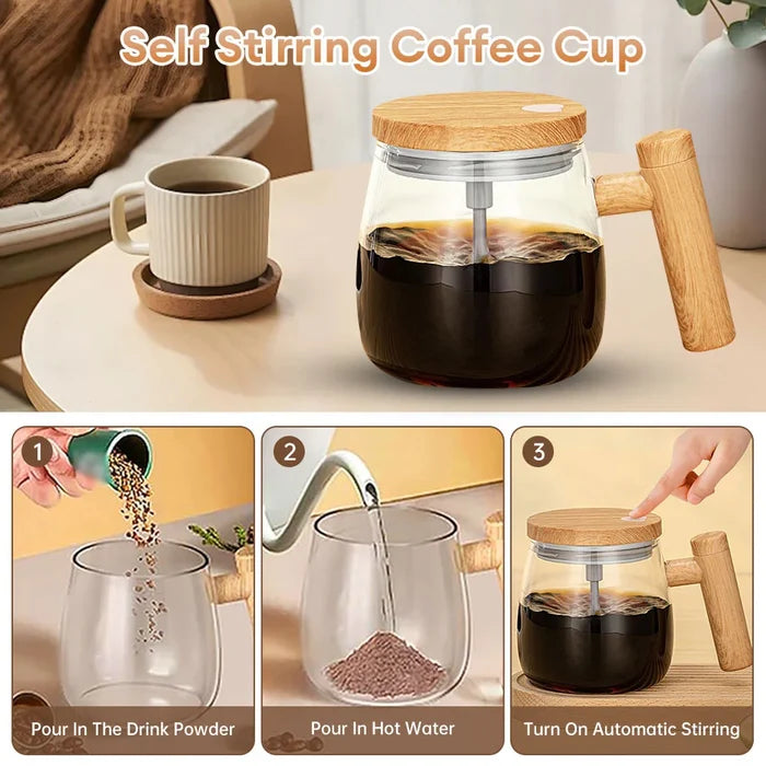 Self-Mixing Glass Coffee Mug, 400ml: clear, light wood brown automatic coffee stirring/mixing cup, minimal modern style