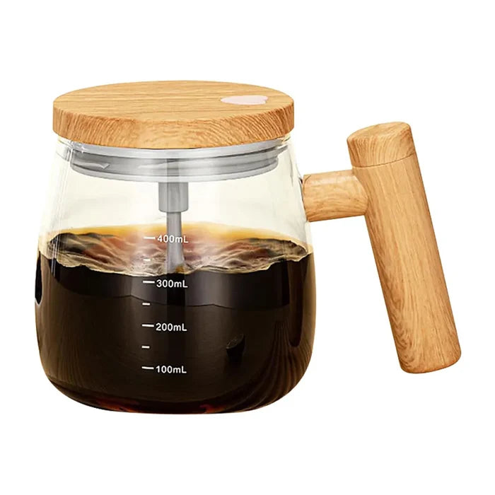 Self-Mixing Glass Coffee Mug, 400ml: clear, light wood brown automatic coffee stirring/mixing cup, minimal modern style
