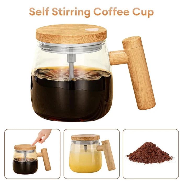Self-Mixing Glass Coffee Mug, 400ml: clear, light wood brown automatic coffee stirring/mixing cup, minimal modern style