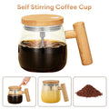 Self-Mixing Glass Coffee Mug, 400ml: clear, light wood brown automatic coffee stirring/mixing cup, minimal modern style