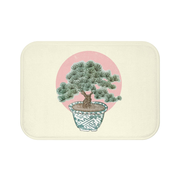 Series 1 Bonsai Tree Bath Mat: cream, green bonsai tree, illustrated, Japanese-inspired style