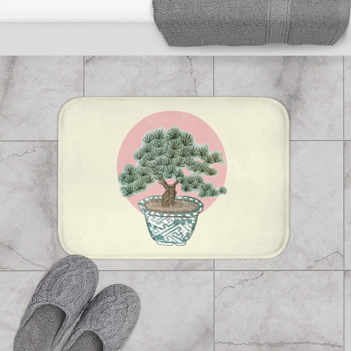 Series 1 Bonsai Tree Bath Mat: cream, green bonsai tree, illustrated, Japanese-inspired style