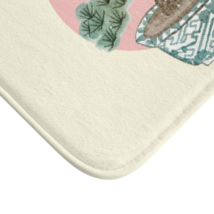 Series 1 Bonsai Tree Bath Mat: cream, green bonsai tree, illustrated, Japanese-inspired style