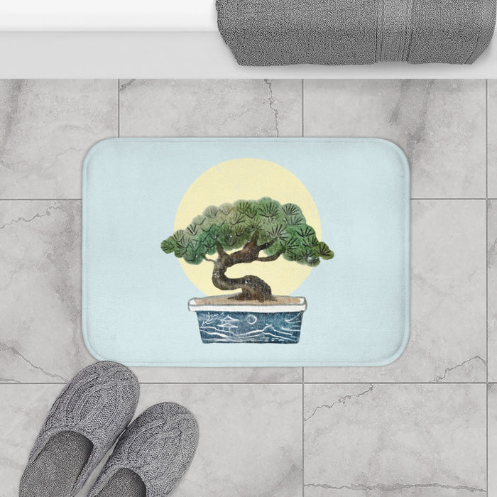 Series 2 Bonsai Tree Bath Mat: light blue, green bonsai tree, illustrated, minimalist style