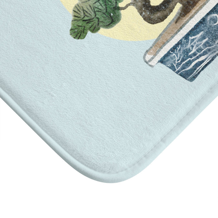 Series 2 Bonsai Tree Bath Mat: light blue, green bonsai tree, illustrated, minimalist style