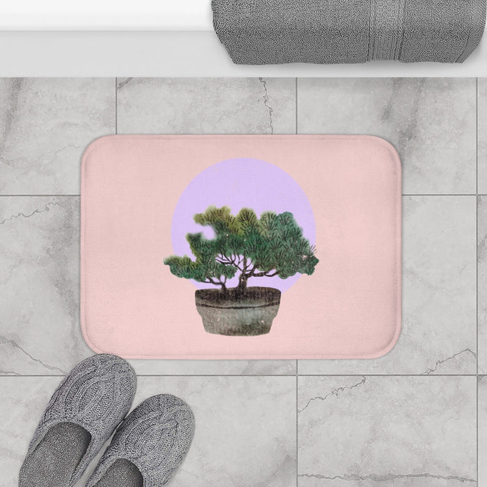 Series 3 Bonsai Tree Bath Mat: pale pink, lavender bonsai tree, minimal botanical illustration style