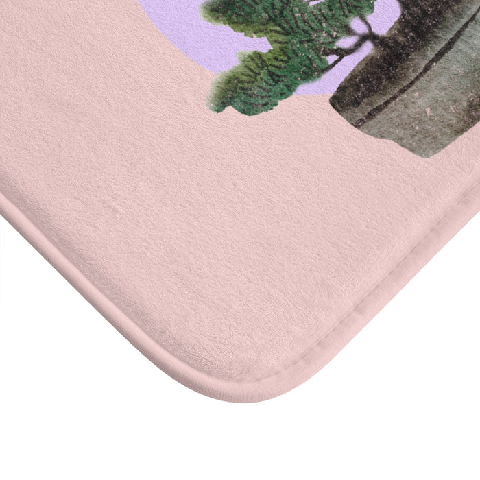 Series 3 Bonsai Tree Bath Mat: pale pink, lavender bonsai tree, minimal botanical illustration style