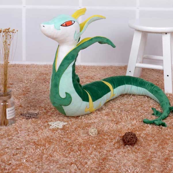 Serperior Plush Toy, High-Quality & Vibrant: mint green, dark green stylized snake/serpent character, cartoon style