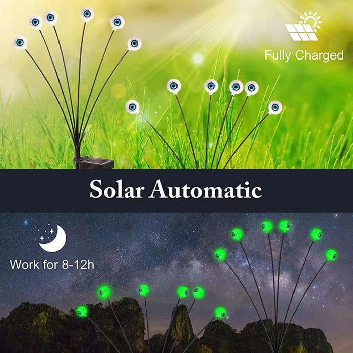 Set of 10 LED Solar Eye Ball Lights for Halloween (2 Packs): neon green, black glowing eyeballs, spooky cartoon style