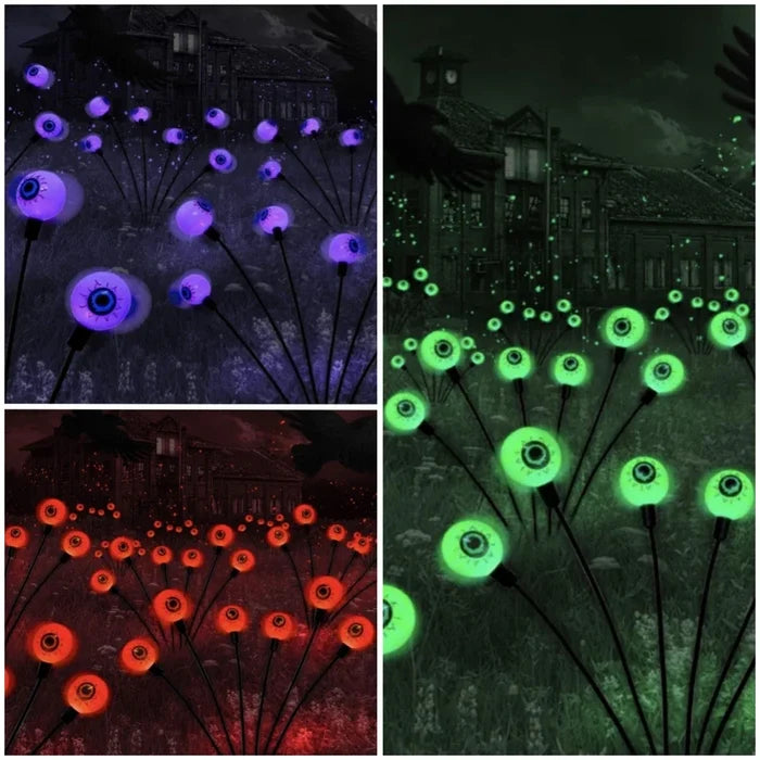 Set of 10 LED Solar Eye Ball Lights for Halloween (2 Packs): neon green, black glowing eyeballs, spooky cartoon style