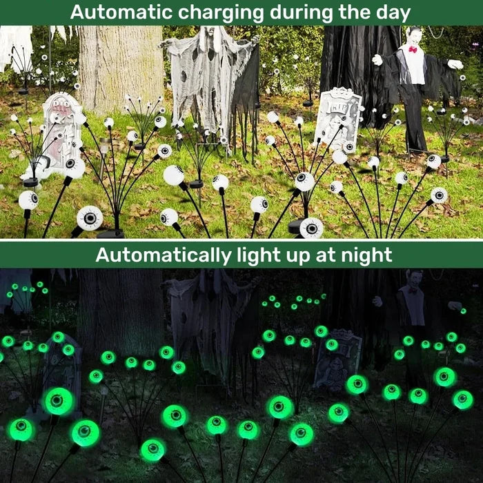 Set of 10 LED Solar Eye Ball Lights for Halloween (2 Packs): neon green, black glowing eyeballs, spooky cartoon style