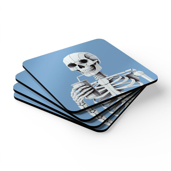 Set of 4 Skeleton Beverage Coasters: blue, white skeleton, cartoon graphic style